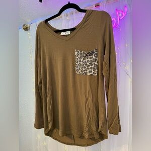 Zenana Outfitters Brown Long Sleeve Top with Leopard Pocket